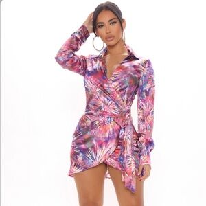 NWT Fashion Nova By Your Side Tie Dye Mini Dress - Purple / Combo Size Medium